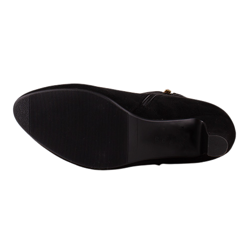 Out sole of Black Suede Ankle Boot on a White Background