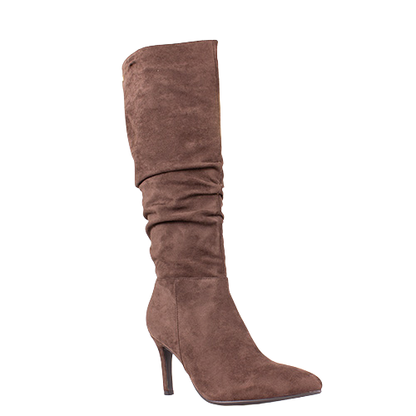Single knee high beige boot on a white background