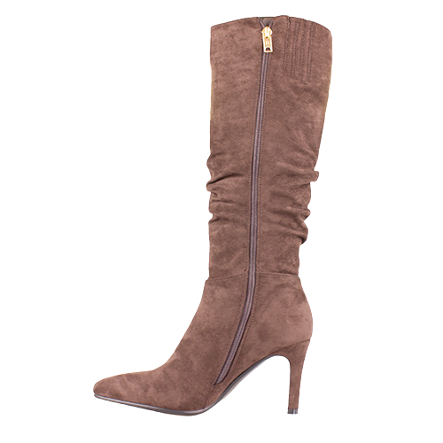 Single knee high beige boot on a white background