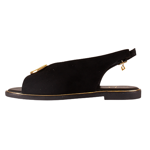 Black Flat sandal with gold accents on a white background