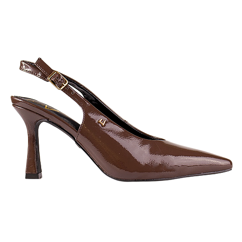 A single brown patent leather slingback high heel shoe with a pointed toe and gold buckle, shown from a side profile on a white background.