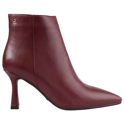 A single burgundy faux leather ankle boot with a pointed toe and a slim high heel, shown from a side profile on a plain white background.