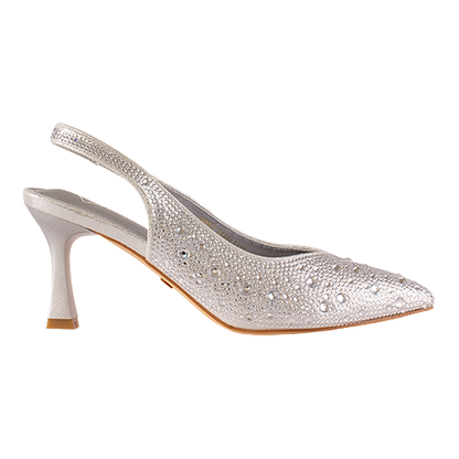 Silver high-heeled shoe with embellishments on a white background