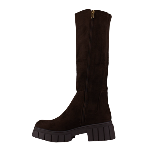 A single dark brown suede knee-high boot with a chunky lug sole, shown in profile against a plain white background.