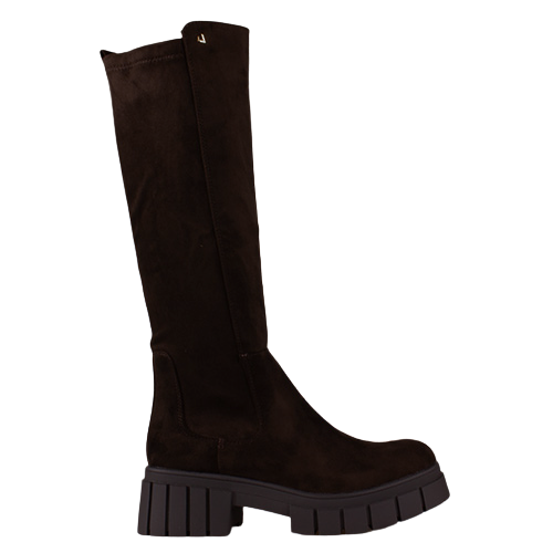 A dark brown suede knee-high boot with a chunky lug sole, shown in a side profile view against a plain white background.