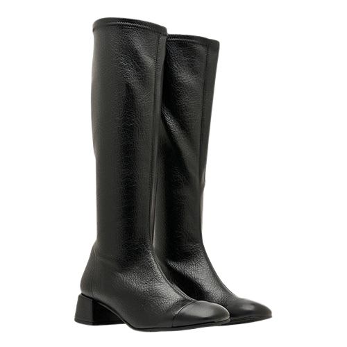 pair of low block heel black leather boots