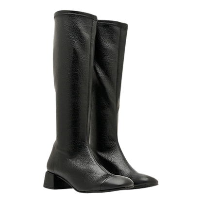 pair of low block heel black leather boots