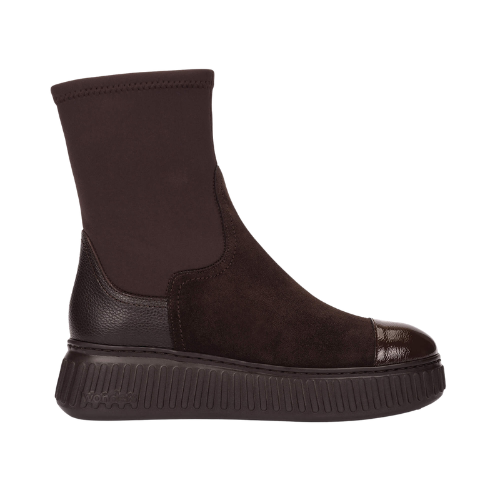 Brown mixed fabric boot on with background