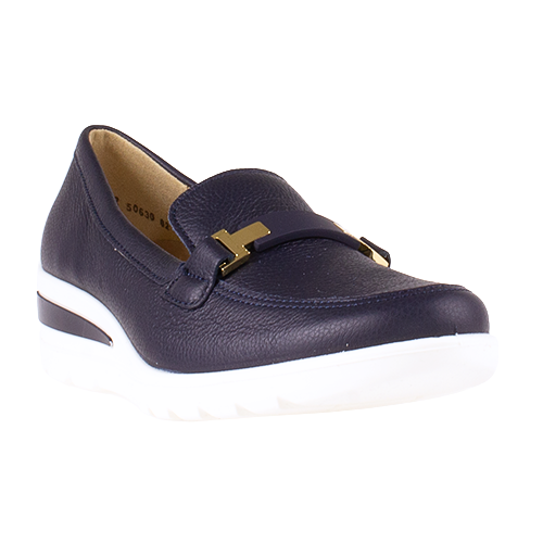 Navy loafer shoe with gold buckle on a white background


