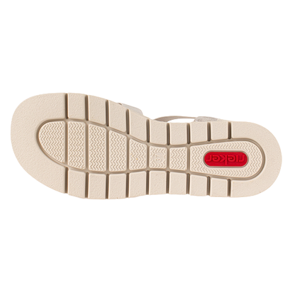 Beige shoe sole with a red logo on a white background