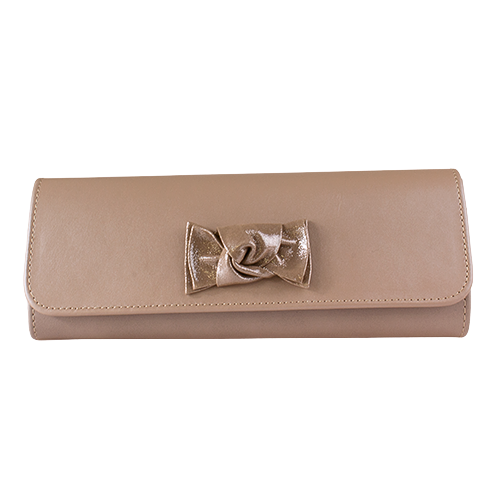 Beige clutch with a metallic bow on a white background