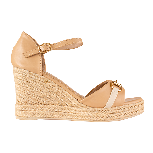 Beige wedge sandal with espadrille sole on a white background