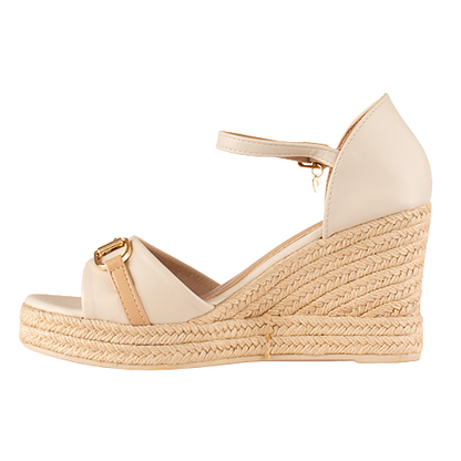 Beige wedge sandal with gold accents on a white background