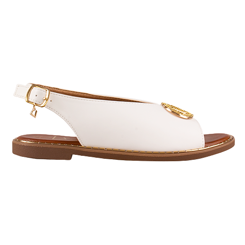 White sandal with gold accents on a white background