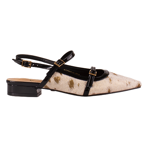Pointed-toe flat shoe with black strap and gold accents on a white background