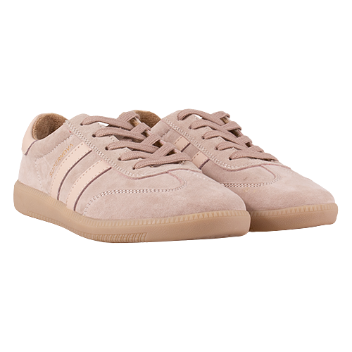 Pair of pink sneakers with beige soles on a white background