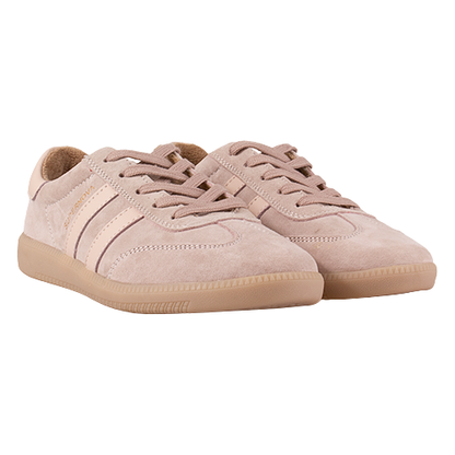 Pair of pink sneakers with beige soles on a white background