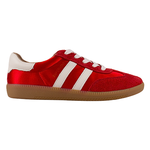 Red flat trainer with white stripes