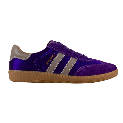 Purple trainer with brown sole and gray stripes on a white background