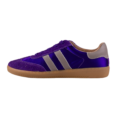 Purple trainer with grey stripes on a white background