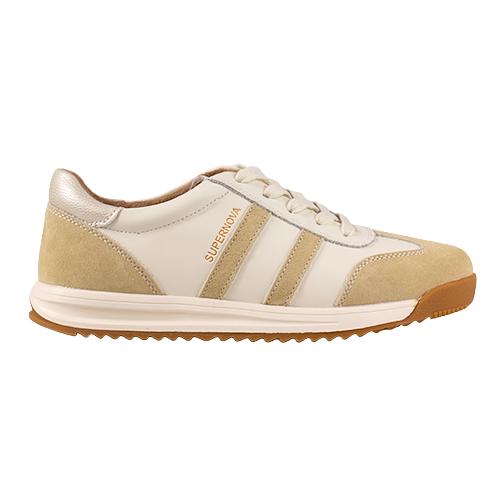 Beige and white sneaker with brown sole on a white background