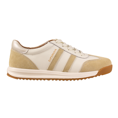 Beige and white sneaker with brown sole on a white background