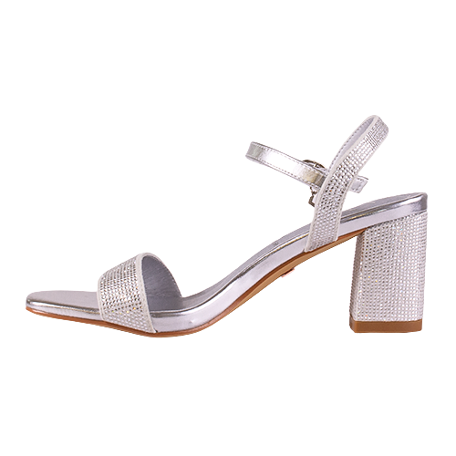 Silver high-heeled shoe with rhinestone embellishments on a white background