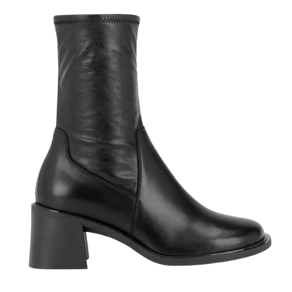 Black leather ankle boot on a white background
