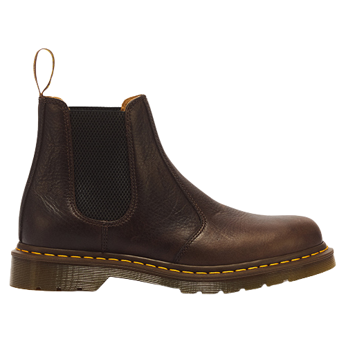 A dark brown leather Chelsea boot with a black elastic side panel and a yellow welt stitch along the sole, shown from a side profile on a white background.