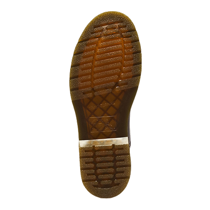 The treaded bottom sole of a brown leather boot, showing a textured rubber outsole with a diamond pattern on the heel and a grooved tread pattern on the forefoot, isolated on a white background.