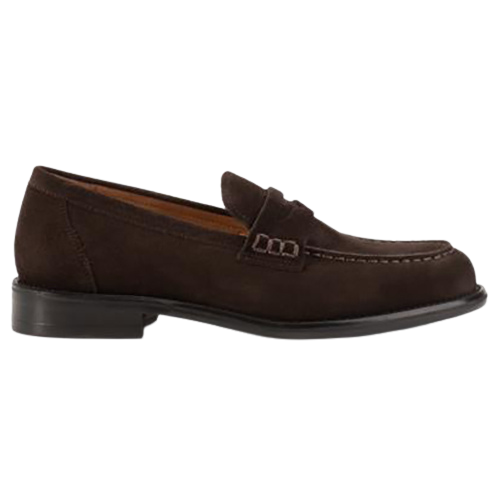 Brown suede loafer shoe on a white background
