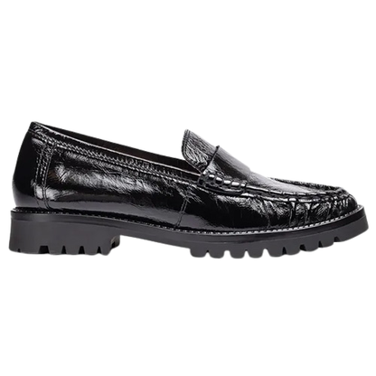 One black patent leather loafers with a crocodile-embossed texture and chunky lug soles, shown at a side profile on a plain white background.