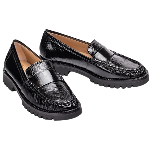 A pair of black patent leather loafers with a crocodile-embossed texture and chunky lug soles, shown on a plain white background.