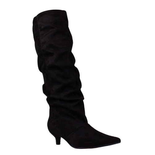 A single black slouchy knee-high boot with a pointed toe and kitten heel, shown against a plain white background.