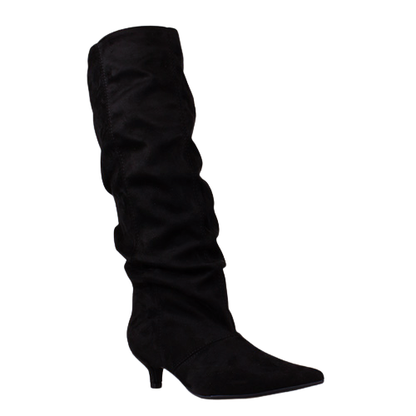 A single black slouchy knee-high boot with a pointed toe and kitten heel, shown against a plain white background.