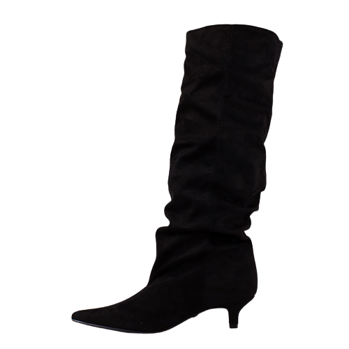 A single black suede slouch boot with a pointed toe and kitten heel, shown from a side profile on a plain white background.