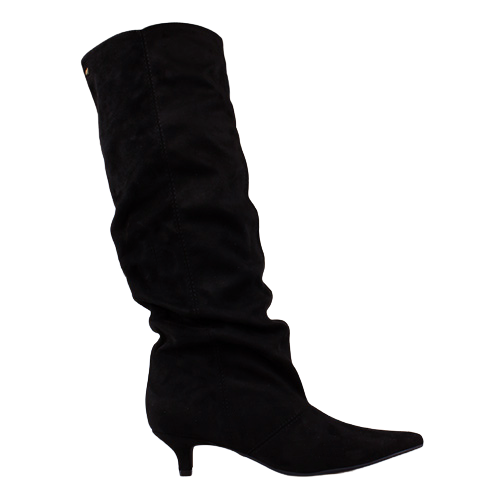 A single black slouchy knee-high boot with a pointed toe and kitten heel, shown from a side profile on a plain white background.