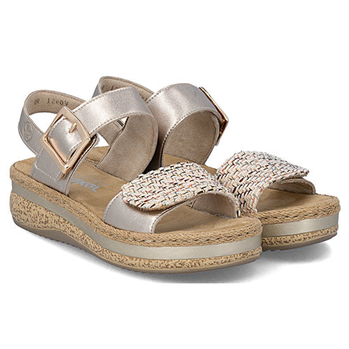 Rieker Ladies Wedge Sandals - V0951-90 - Beige Metallic
