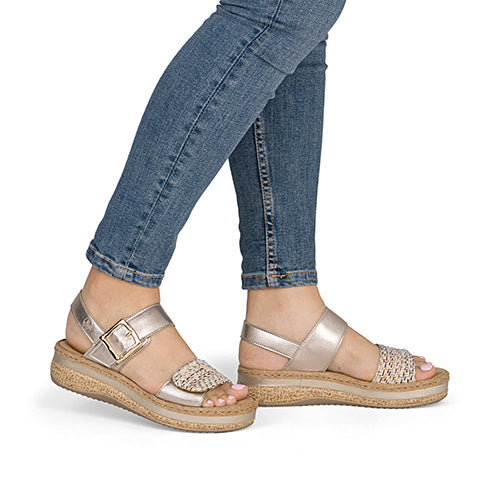 Rieker Ladies Wedge Sandals - V0951-90 - Beige Metallic