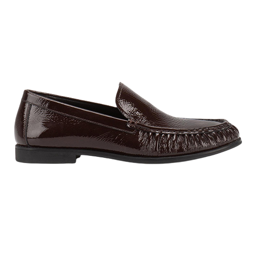 Brown patent leather loafer on a white background