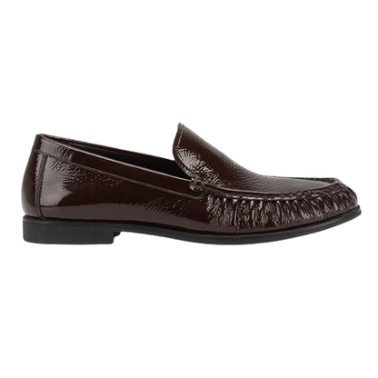 Brown patent leather loafer on a white background