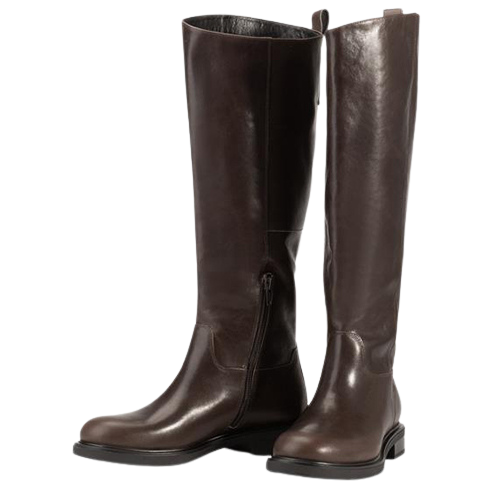 Pair of brown leather knee-high boots on a white background