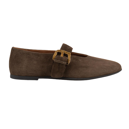 A single dark brown suede flat shoe with a wide strap across the instep and a gold-tone buckle, shown in profile against a plain white background.