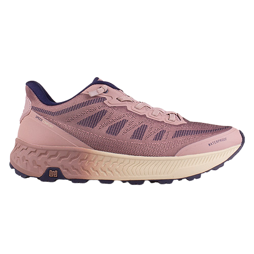 A single trail running shoe shown from the side profile on a solid white background. The shoe features a dusty rose pink upper with dark purple mesh accents, a thick beige midsole, and a dark purple outsole.