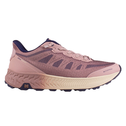 A single trail running shoe shown from the side profile on a solid white background. The shoe features a dusty rose pink upper with dark purple mesh accents, a thick beige midsole, and a dark purple outsole.