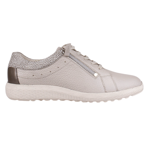 A light gray leather low-top trainer with a textured gray patterned heel panel, a silver zipper detail, and a chunky off-white sole, shown from a side profile on a white background.