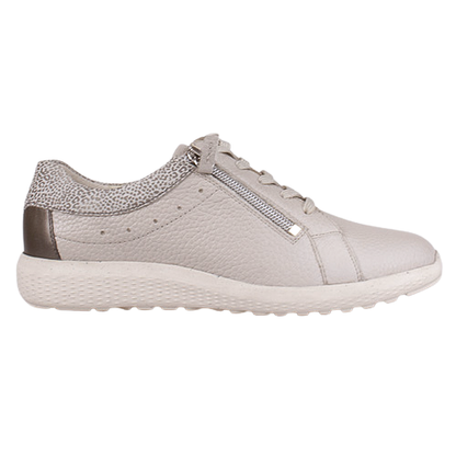 A light gray leather low-top trainer with a textured gray patterned heel panel, a silver zipper detail, and a chunky off-white sole, shown from a side profile on a white background.
