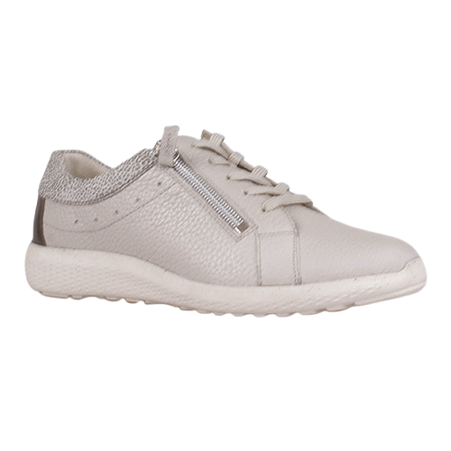 A light gray leather trainer with a textured finish, matching gray laces, a silver zipper on the side, and a chunky white sole, shown against a plain white background.