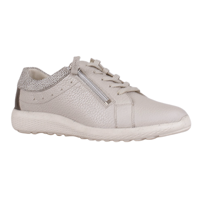 A light gray leather trainer with a textured finish, matching gray laces, a silver zipper on the side, and a chunky white sole, shown against a plain white background.