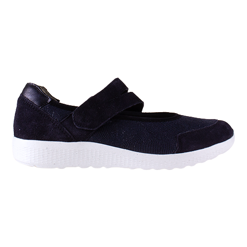 Navy shoe with velcro straps on a white background